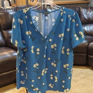 Hilary Radley Blue Floral V-Neck Blouse